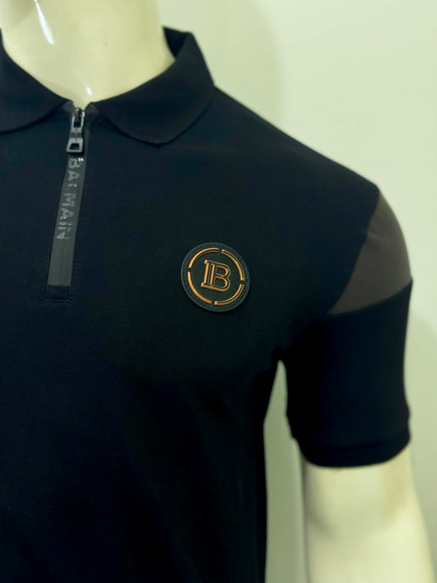 BALMAIN SLIM FIT ZIP FASTENING WITH LEATHER PATCH POLO SHIRT